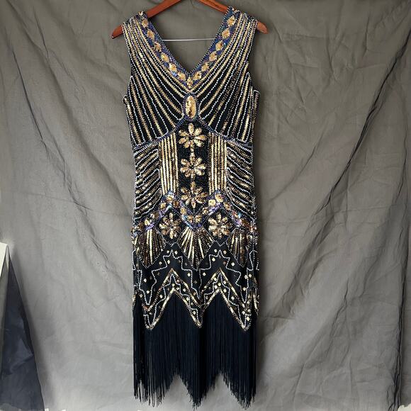 Unbranded Gold and Black Beaded Flapper Dress Size Large - Picture 6 of 9